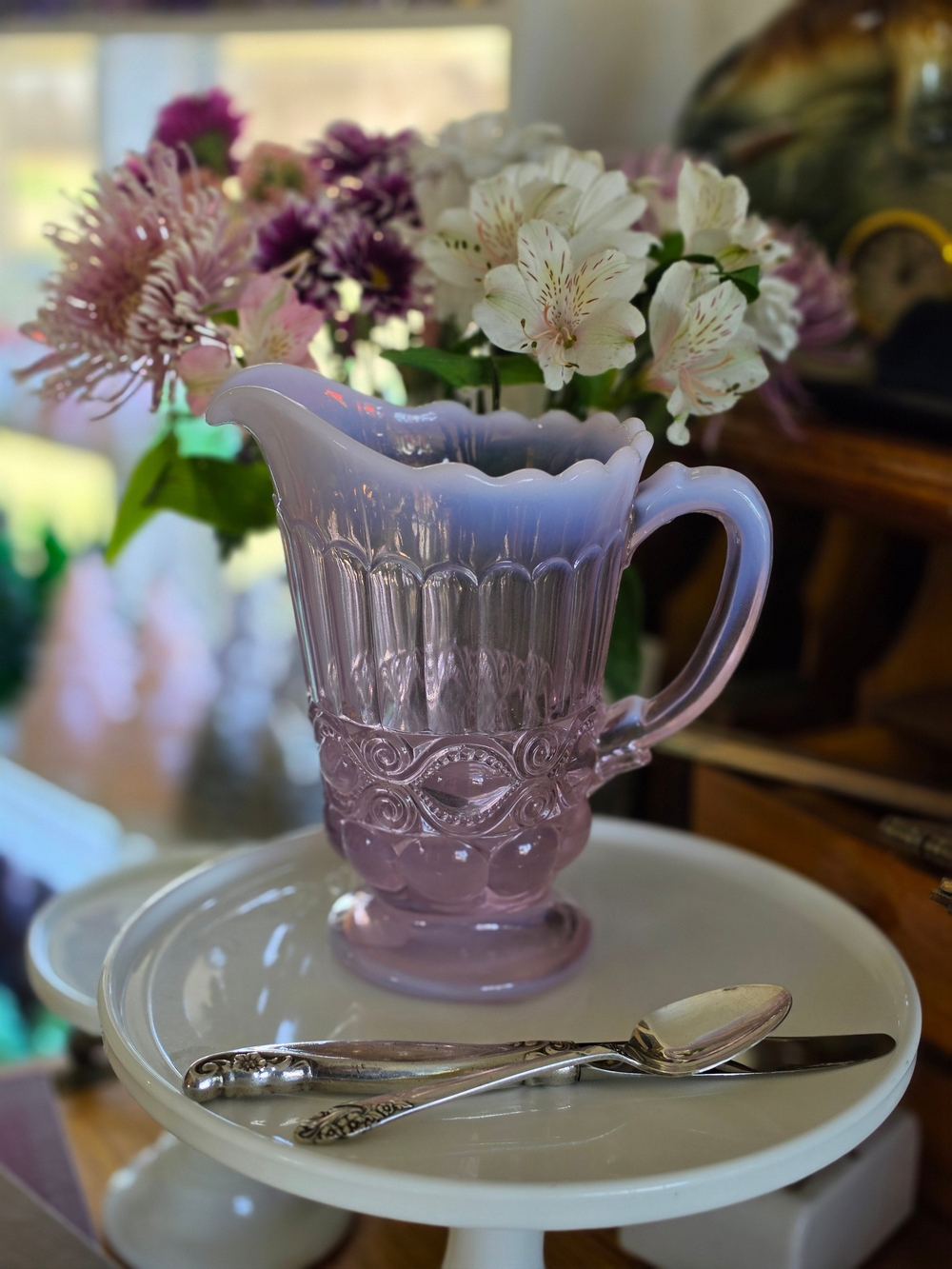 Vintage Opalescent Pink Glass Pitcher